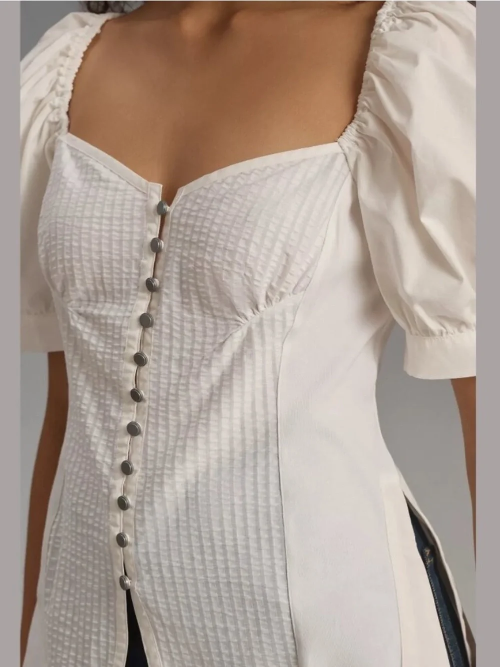 Anthropologie Maeve Puff-Sleeve Sweetheart Top Buttons White Size XS Blouse